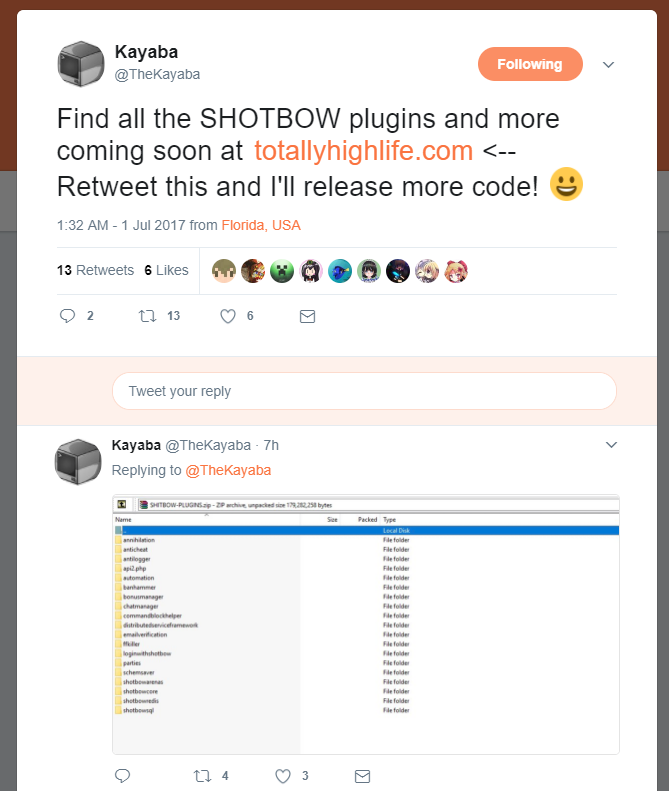@TheKayaba tweets: Find all the SHOTBOW plugins and more coming soon at totallyhighlife.com <-- Retweet this and I'll release more code! :)