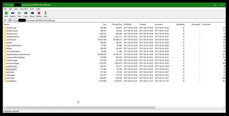 7zip program showing the contents of SHITBOW-PLUGINS.zip